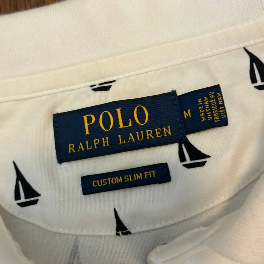 Polo Ralph Lauren Custom Slim Fit Sailboat Print Polo Shirt Men's M White Navy